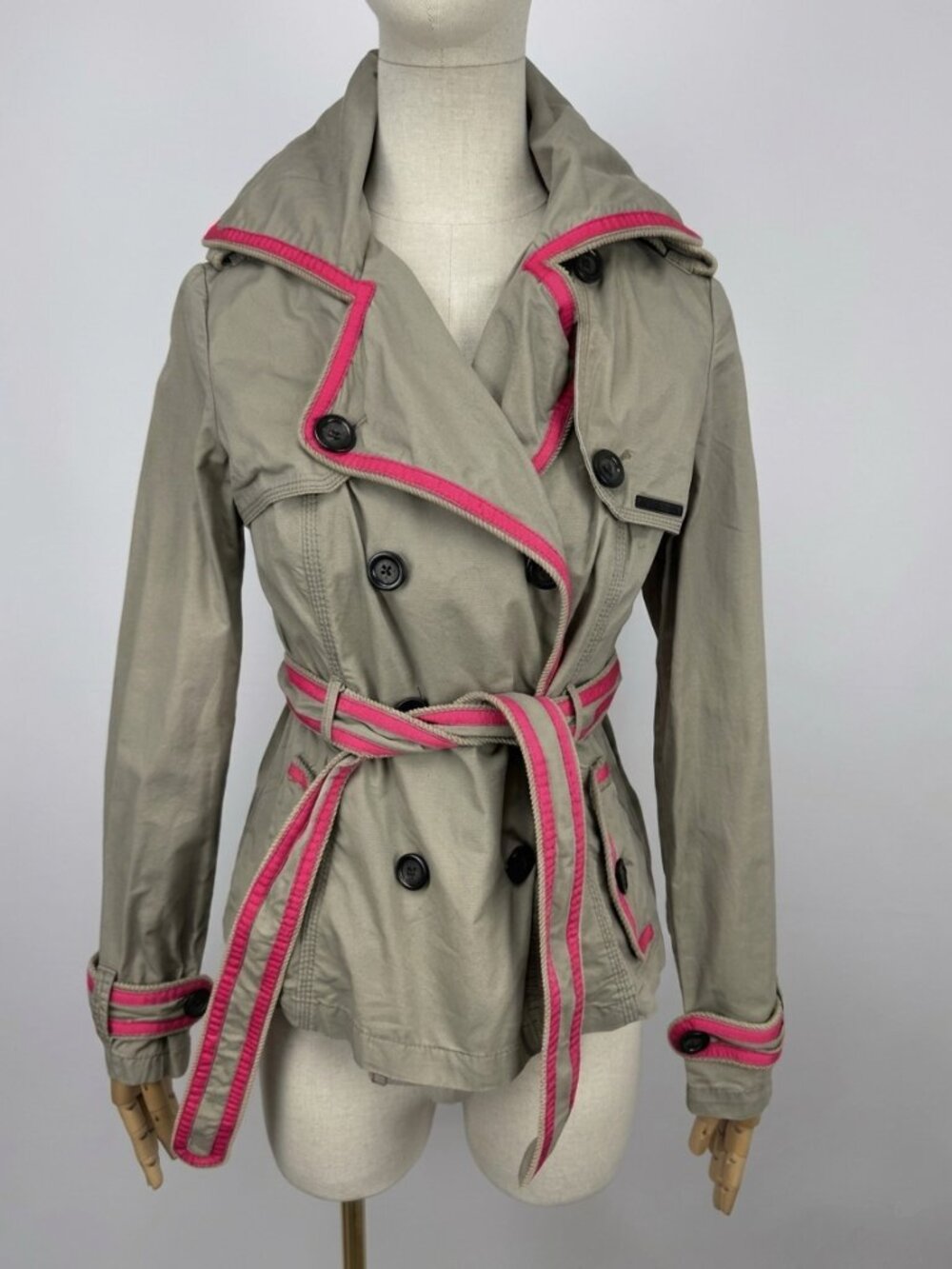 Superdry Women Trench Coat Jacket Beige Pink Trim Belted Size XSmall